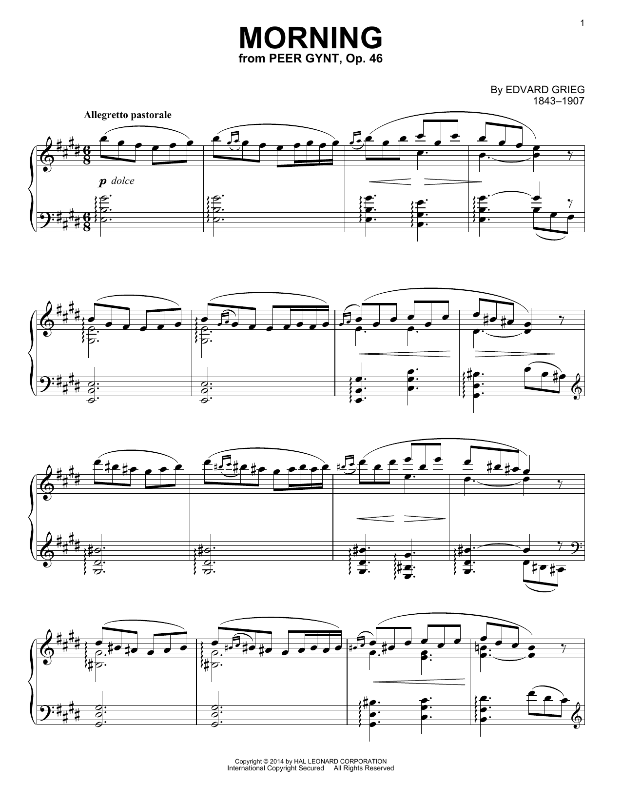 Edvard Grieg Morning (arr. Richard Walters) Sheet Music Notes & Chords for Piano - Download or Print PDF