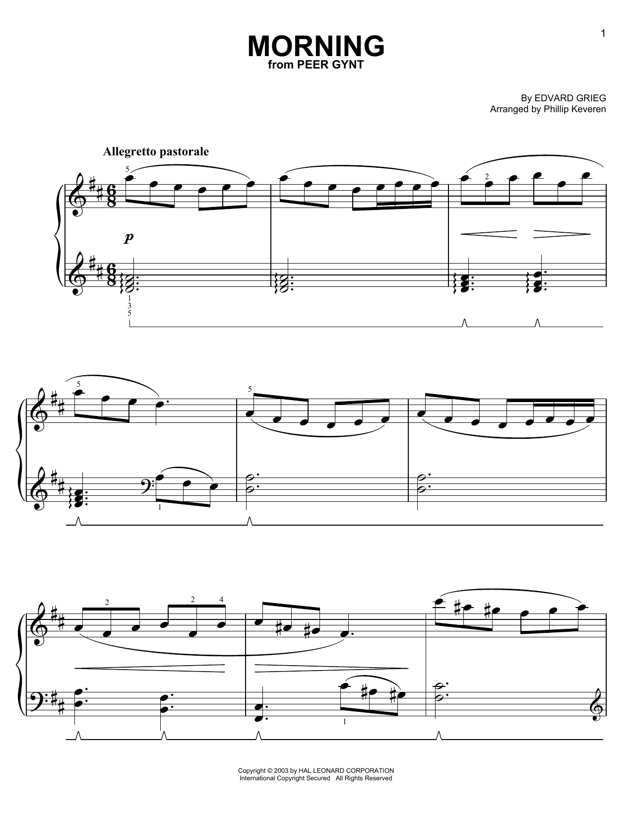 Edvard Grieg Morning (from Allegro non troppo) (arr. Phillip Keveren) Sheet Music Notes & Chords for Easy Piano - Download or Print PDF