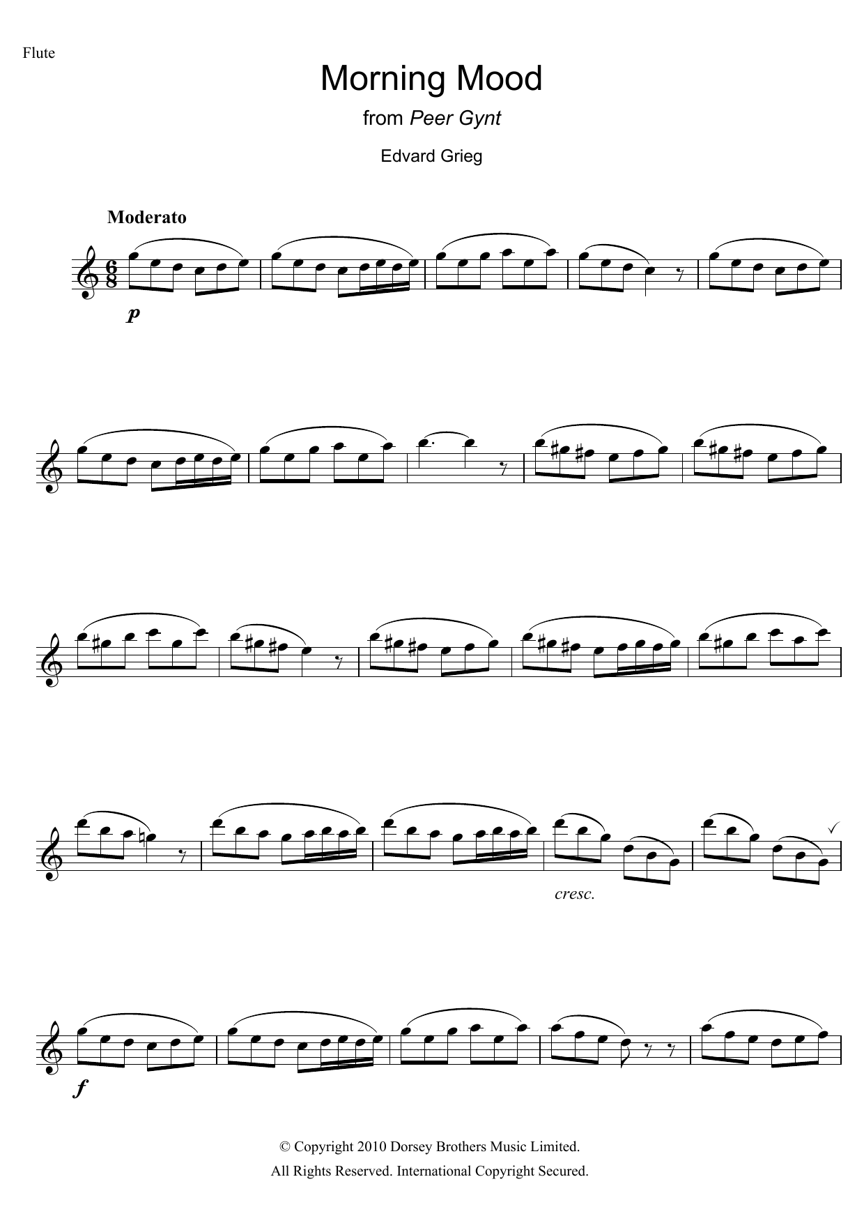 Edvard Grieg Morning (from Peer Gynt Suite No.1) Sheet Music Notes & Chords for Flute - Download or Print PDF