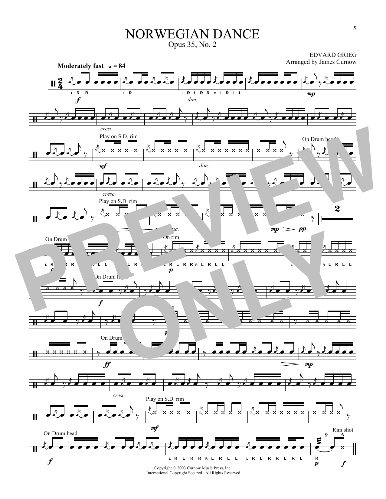 Edvard Grieg Norwegian Dance Op. 35, No. 2 (arr. James Curnow) Sheet Music Notes & Chords for Snare Drum Solo - Download or Print PDF