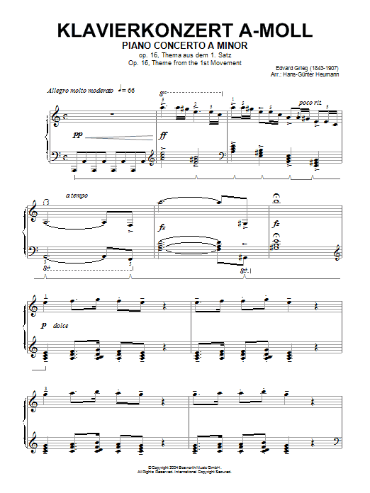 Edvard Grieg Opening Theme from the First Movement of the Piano Concerto in A Minor, Op.16 Sheet Music Notes & Chords for Piano - Download or Print PDF