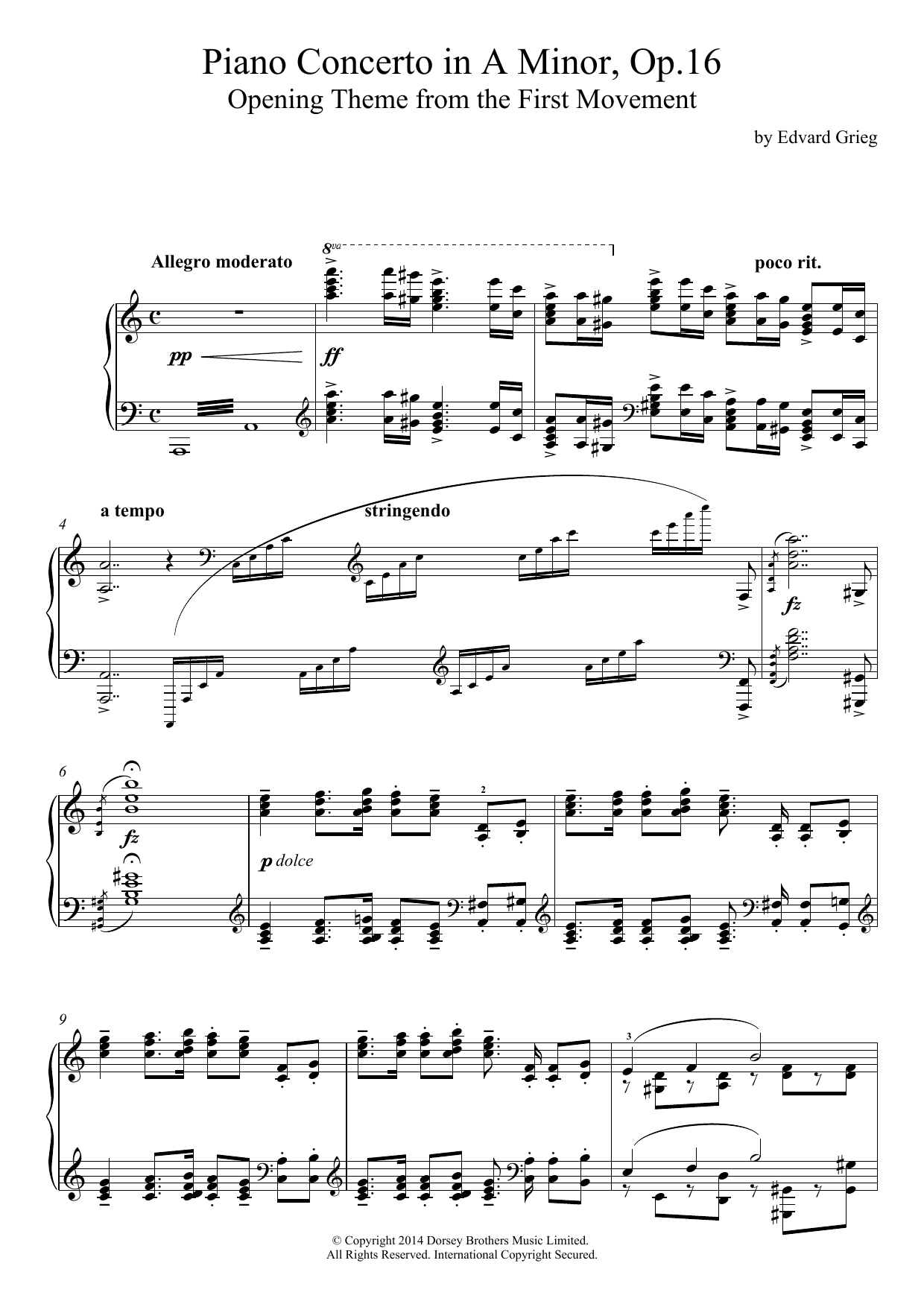 Edvard Grieg Piano Concerto in A Minor, Op.16, Opening Theme Sheet Music Notes & Chords for Piano - Download or Print PDF