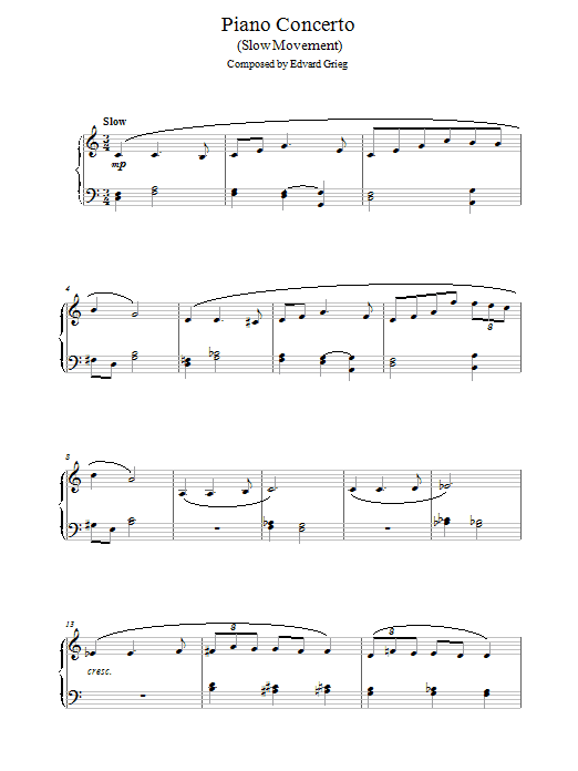 Edvard Grieg Piano Concerto in G minor (Slow Movement) Sheet Music Notes & Chords for Piano - Download or Print PDF