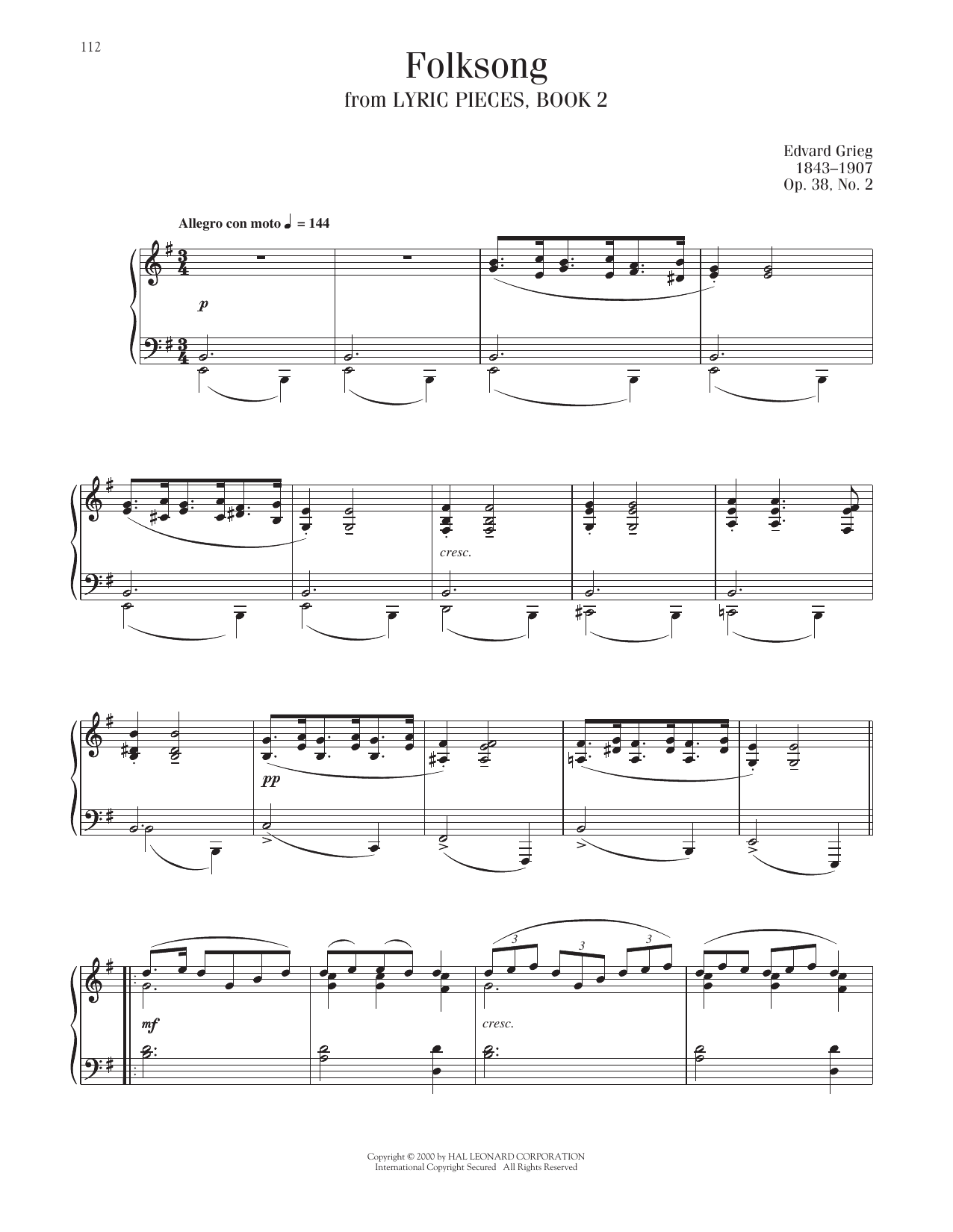 Edvard Grieg Popular Melody, Op. 38, No. 2 Sheet Music Notes & Chords for Piano Solo - Download or Print PDF