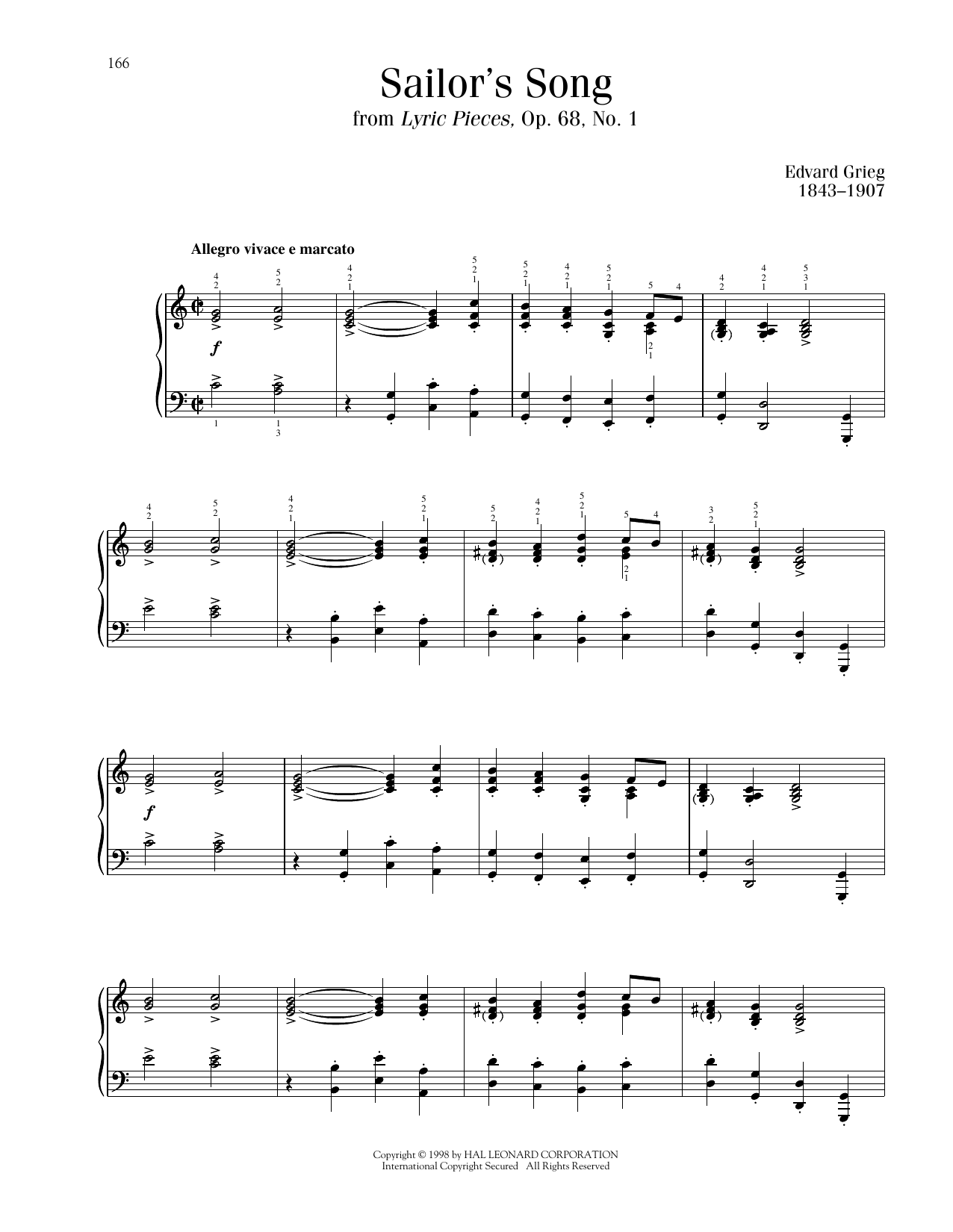 Edvard Grieg Sailor's Song, Op. 68, No. 1 Sheet Music Notes & Chords for Piano Solo - Download or Print PDF