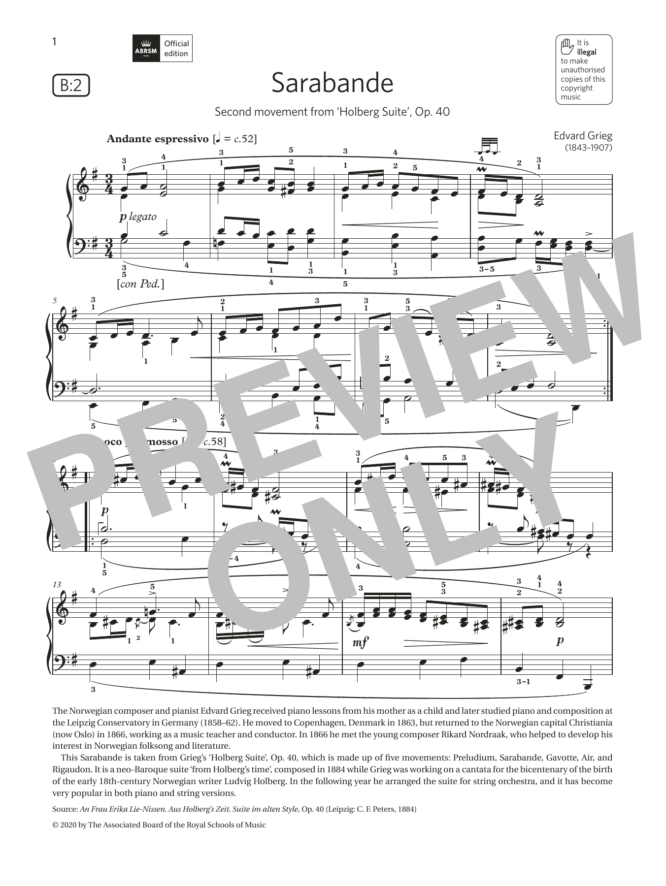 Edvard Grieg Sarabande (Grade 7, list B2, from the ABRSM Piano Syllabus 2021 & 2022) Sheet Music Notes & Chords for Piano Solo - Download or Print PDF