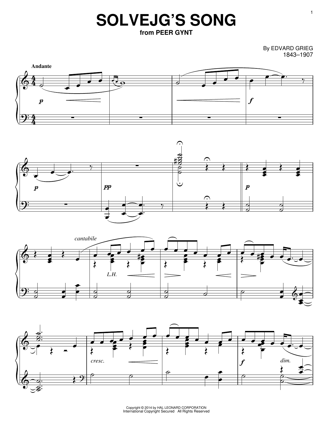 Edvard Grieg Solvejg's Song Sheet Music Notes & Chords for Piano - Download or Print PDF