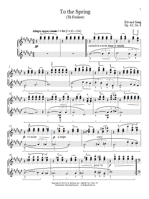 William Westney To The Spring (Til Foraret), Op. 43, No. 6 Sheet Music Notes & Chords for Piano - Download or Print PDF