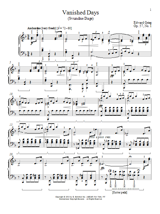 William Westney Vanished Days (Svundne Dage), Op. 57, No. 1 Sheet Music Notes & Chords for Piano - Download or Print PDF