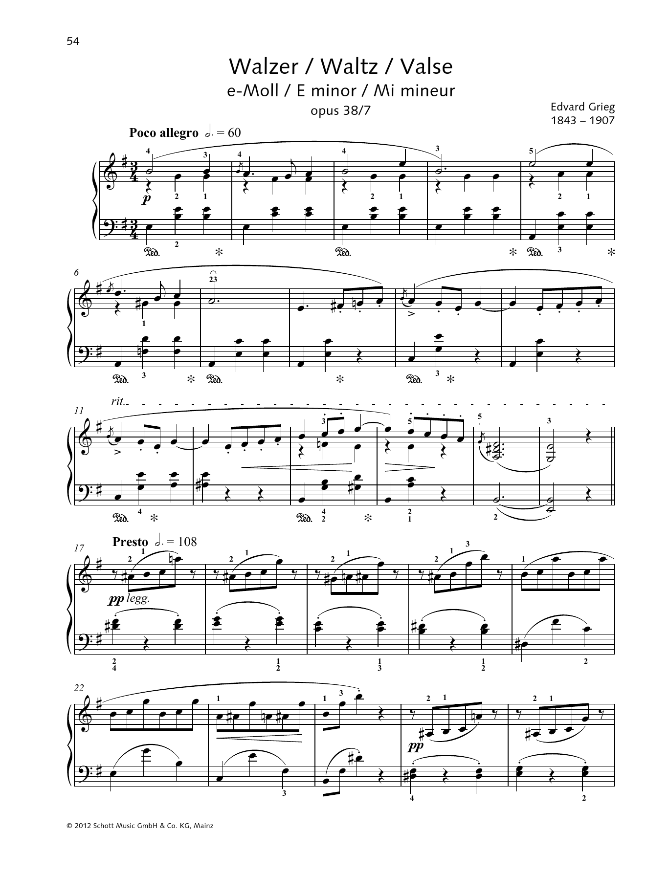 Edvard Grieg Waltz E minor Sheet Music Notes & Chords for Piano Solo - Download or Print PDF