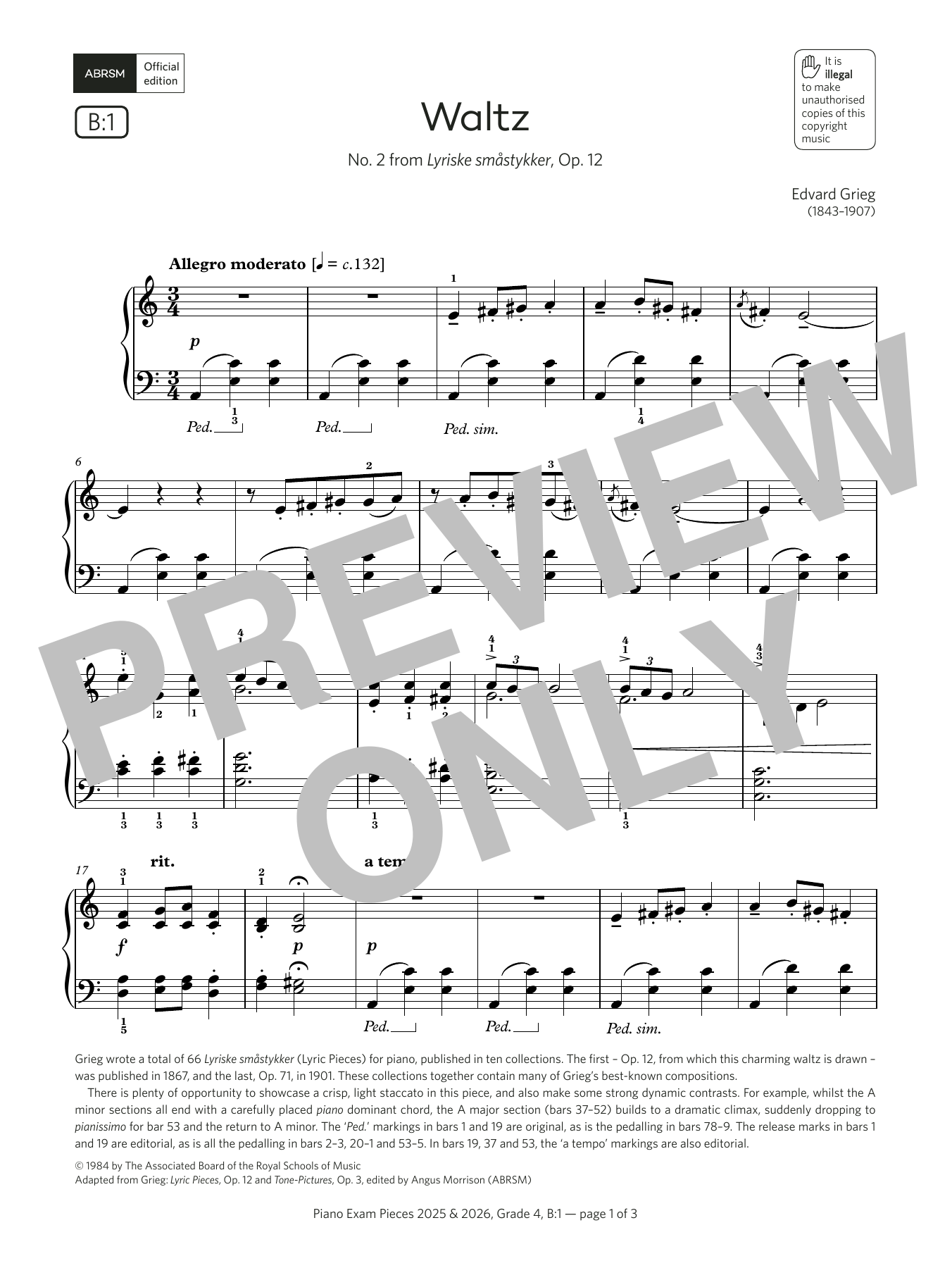 Edvard Grieg Waltz (Grade 4, list B1, from the ABRSM Piano Syllabus 2025 & 2026) Sheet Music Notes & Chords for Piano Solo - Download or Print PDF