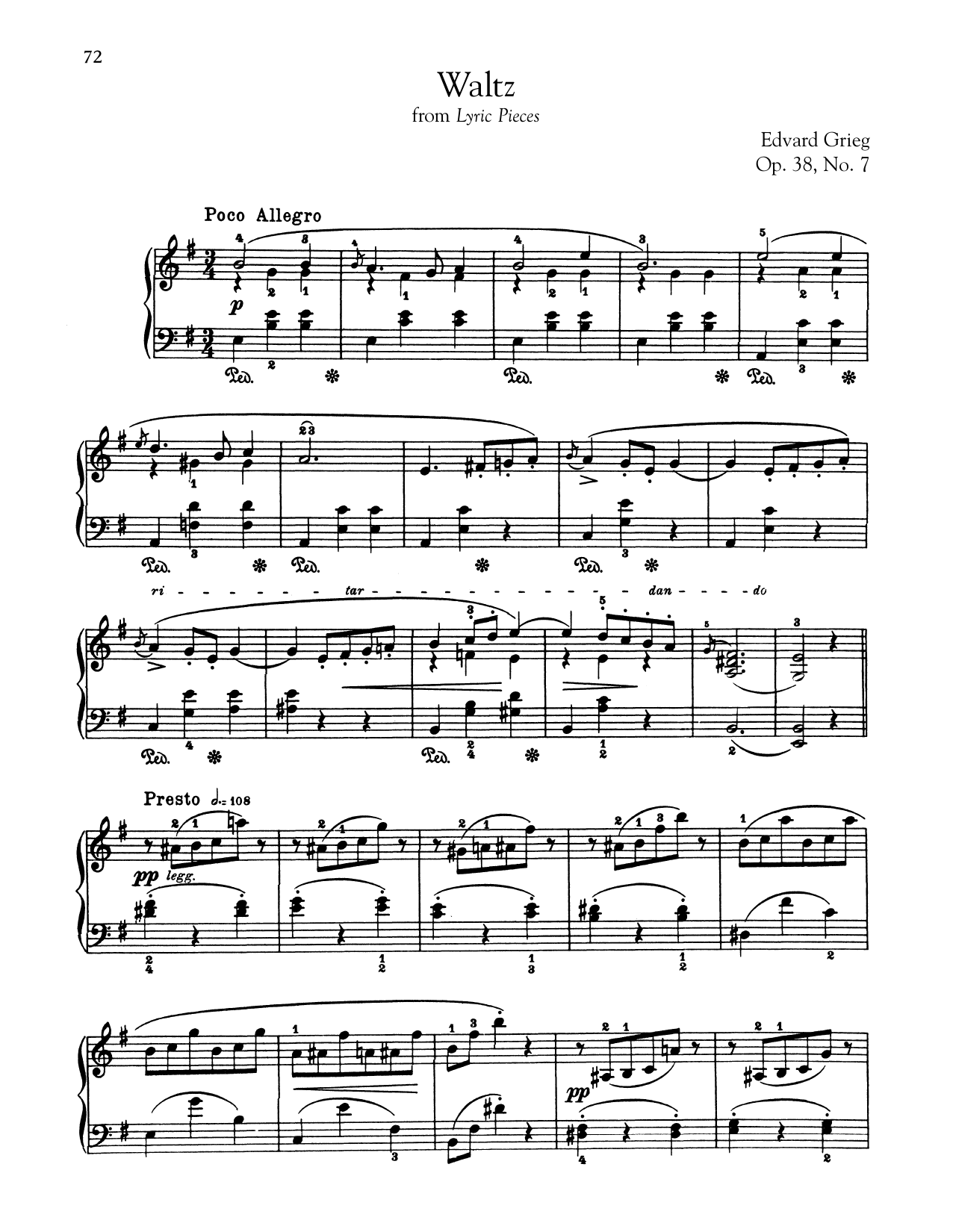 Edvard Grieg Waltz, Op. 38, No. 7 Sheet Music Notes & Chords for Piano - Download or Print PDF