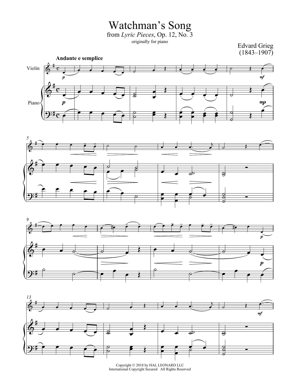 Edvard Grieg Watchman's Song, Op. 12, No. 3 Sheet Music Notes & Chords for Piano Solo - Download or Print PDF