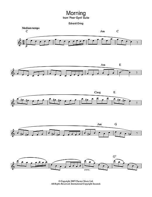 Preview Edvard Grieg Morning (from Peer Gynt Suite No.1) Classical sheet music, notes and chords for Melody Line & Chords, SKU: 14113 Morning (from Peer Gynt Suite No.1) sheet music