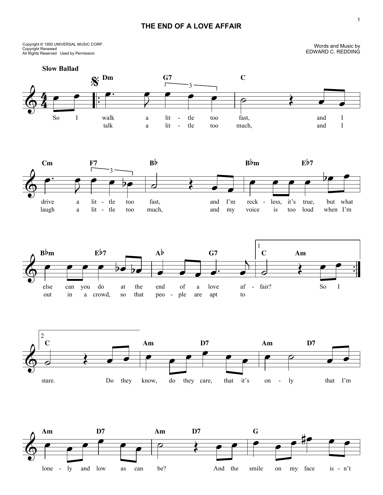 Edward C. Redding The End Of A Love Affair Sheet Music Notes & Chords for Melody Line, Lyrics & Chords - Download or Print PDF