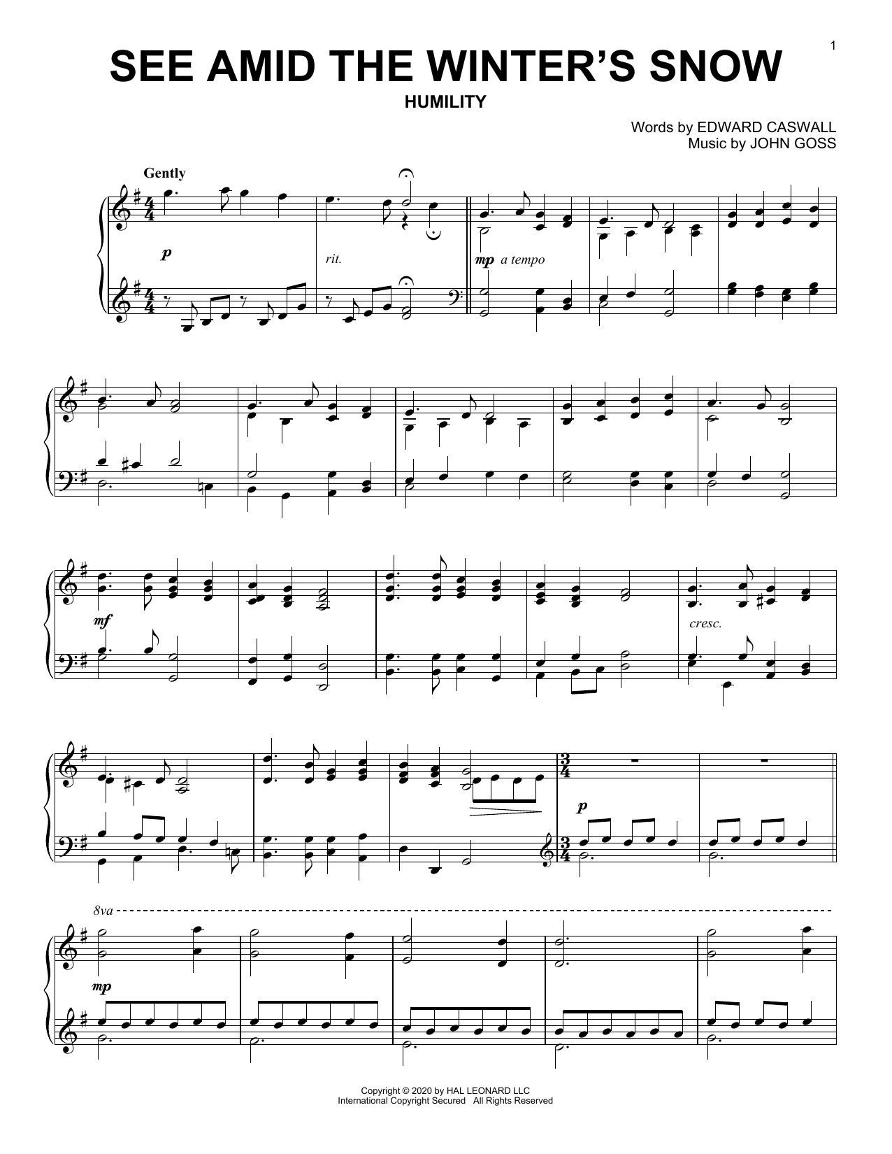Edward Caswall and John Goss See Amid The Winter's Snow Sheet Music Notes & Chords for Piano Solo - Download or Print PDF