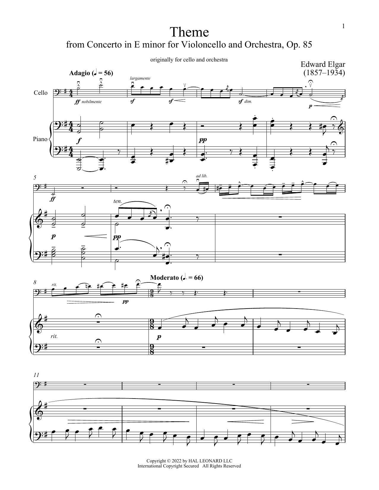 Edward Elgar Cello Concerto Sheet Music Notes & Chords for Cello and Piano - Download or Print PDF