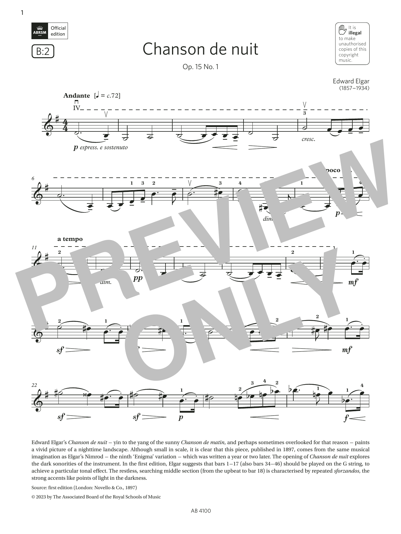 Edward Elgar Chanson de nuit (Grade 6, B2, from the ABRSM Violin Syllabus from 2024) Sheet Music Notes & Chords for Violin Solo - Download or Print PDF