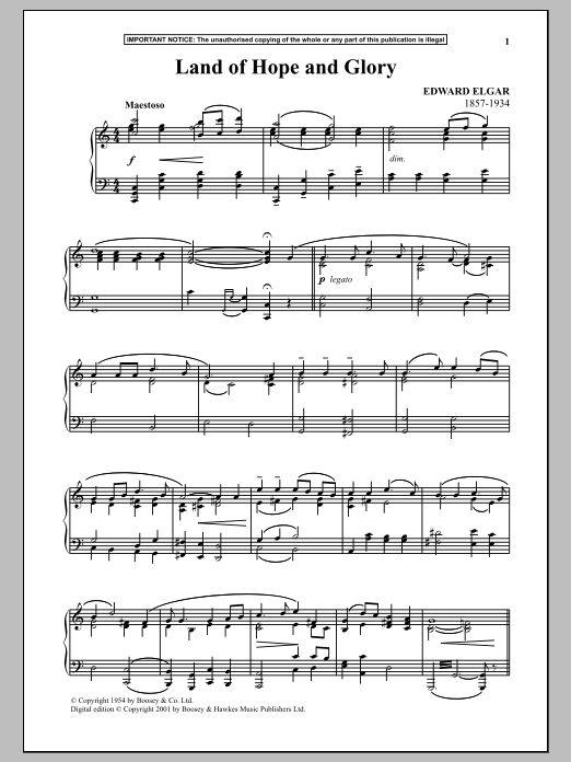 Edward Elgar Land Of Hope And Glory (March No. 1 from Pomp And Circumstance) Sheet Music Notes & Chords for Piano Solo - Download or Print PDF