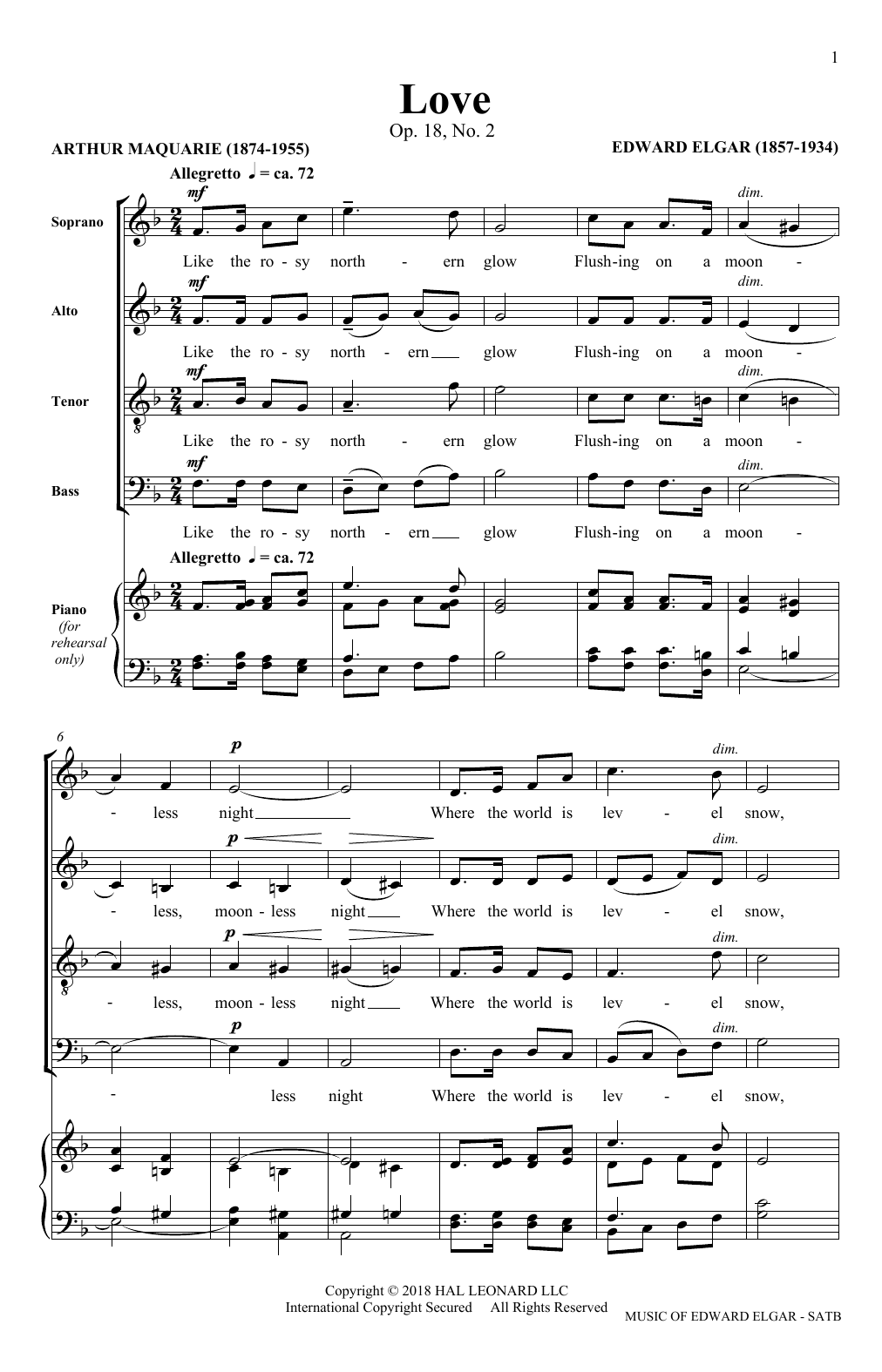 Edward Elgar Love (arr. Philip Lawson) Sheet Music Notes & Chords for SATB Choir - Download or Print PDF
