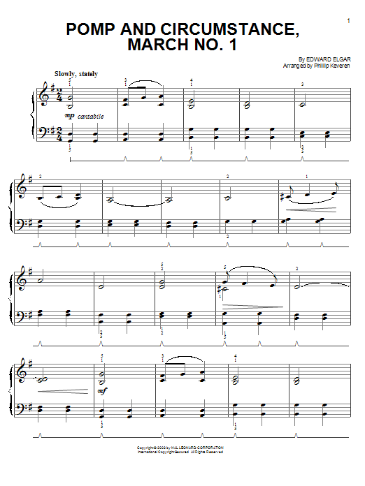 Edward Elgar Pomp And Circumstance, March No. 1 (from Forrest Gump) (arr. Phillip Keveren) Sheet Music Notes & Chords for Easy Piano - Download or Print PDF