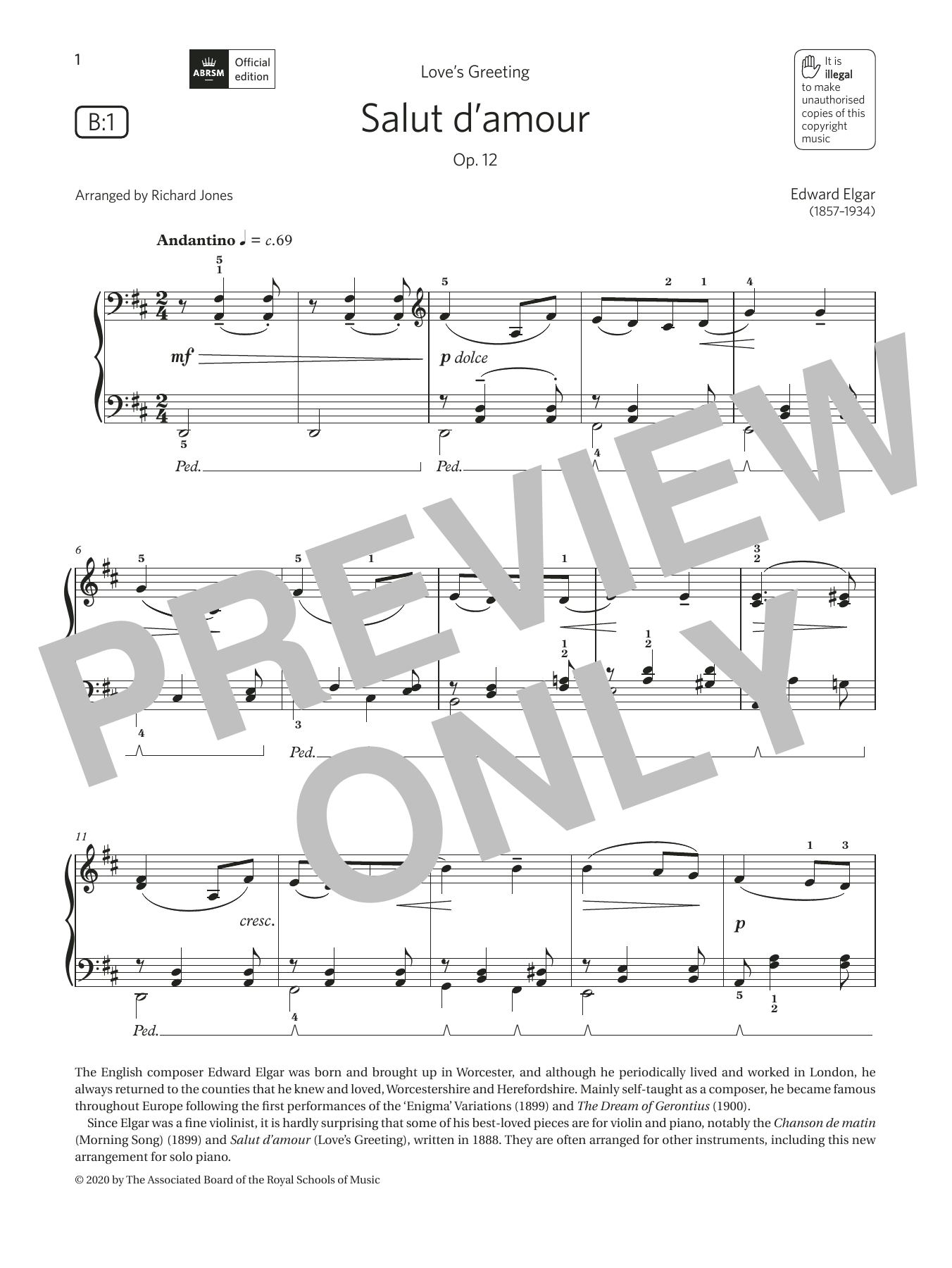 Edward Elgar Salut d'amour (Grade 3, list B1, from the ABRSM Piano Syllabus 2021 & 2022) Sheet Music Notes & Chords for Piano Solo - Download or Print PDF