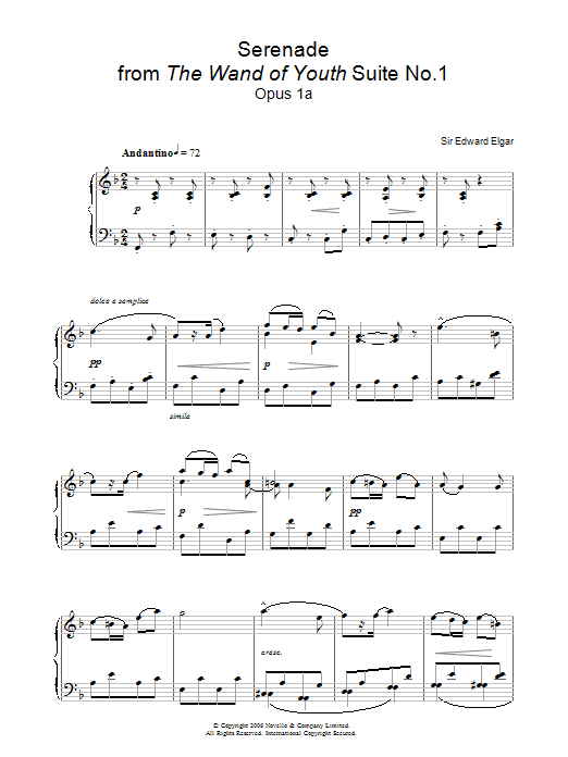 Edward Elgar Serenade From The Wand Of Youth Suite No 1 Op 1a Sheet Music Notes & Chords for Piano - Download or Print PDF