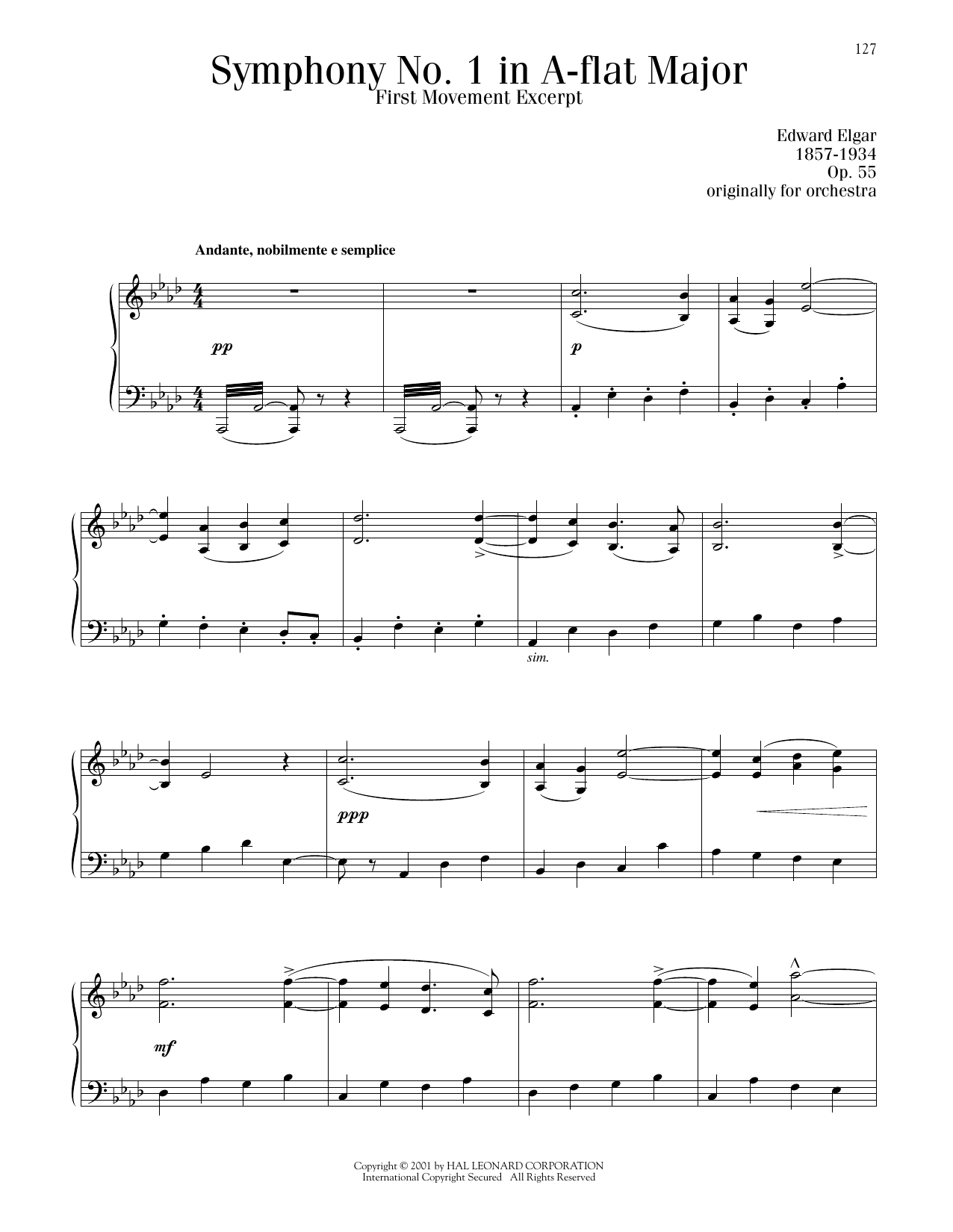 Edward Elgar Symphony No. 1 In A Flat Major, 1st Movement Sheet Music Notes & Chords for Piano Solo - Download or Print PDF