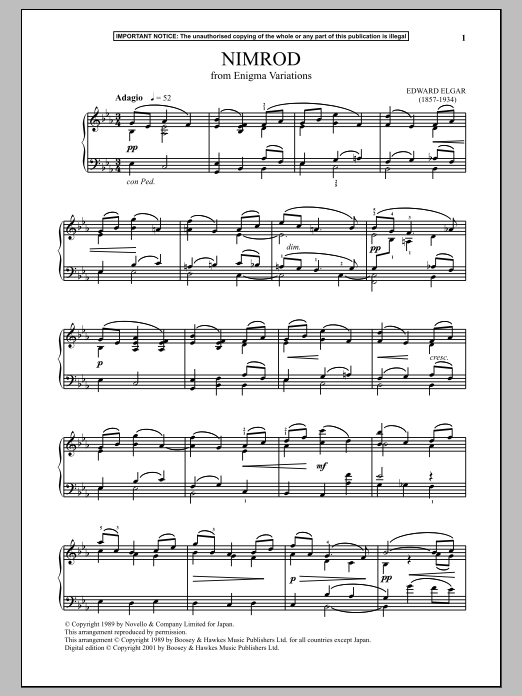 Edward Elgar Variations On An Original Theme For Orchestra (Enigma Variations), Op. 36 (Nimrod) Sheet Music Notes & Chords for Piano - Download or Print PDF