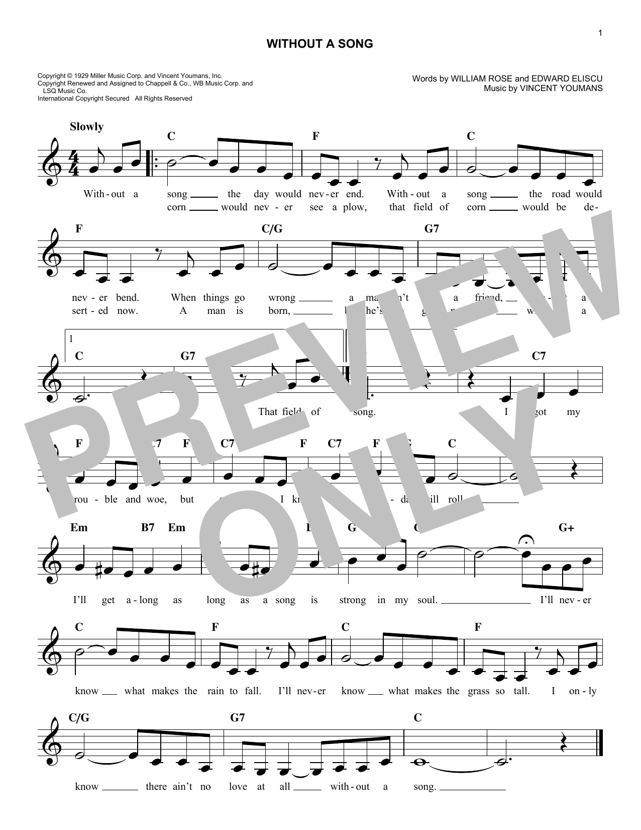 Edward Eliscu Without A Song Sheet Music Notes & Chords for Melody Line, Lyrics & Chords - Download or Print PDF