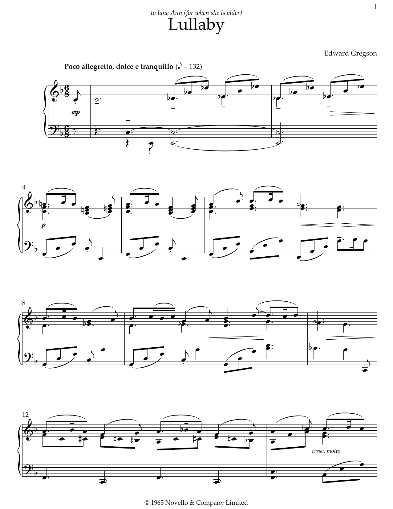 Edward Gregson Lullaby Sheet Music Notes & Chords for Piano Solo - Download or Print PDF