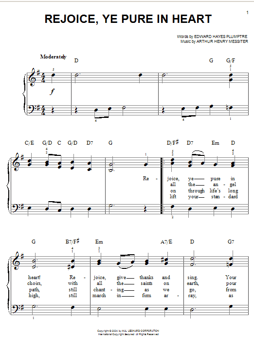 Arthur Henry Messiter Rejoice, Ye Pure In Heart Sheet Music Notes & Chords for Easy Piano - Download or Print PDF