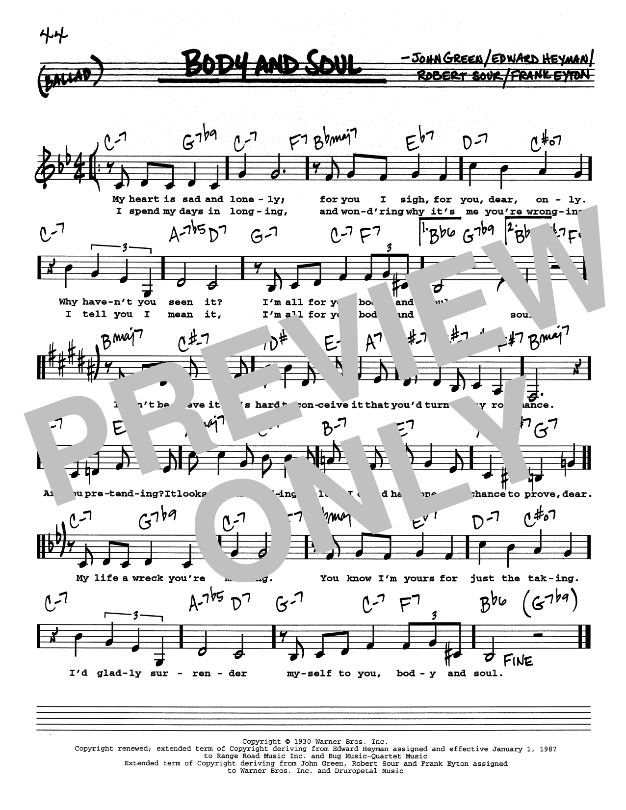 Edward Heyman Body And Soul (Low Voice) Sheet Music Notes & Chords for Real Book – Melody, Lyrics & Chords - Download or Print PDF