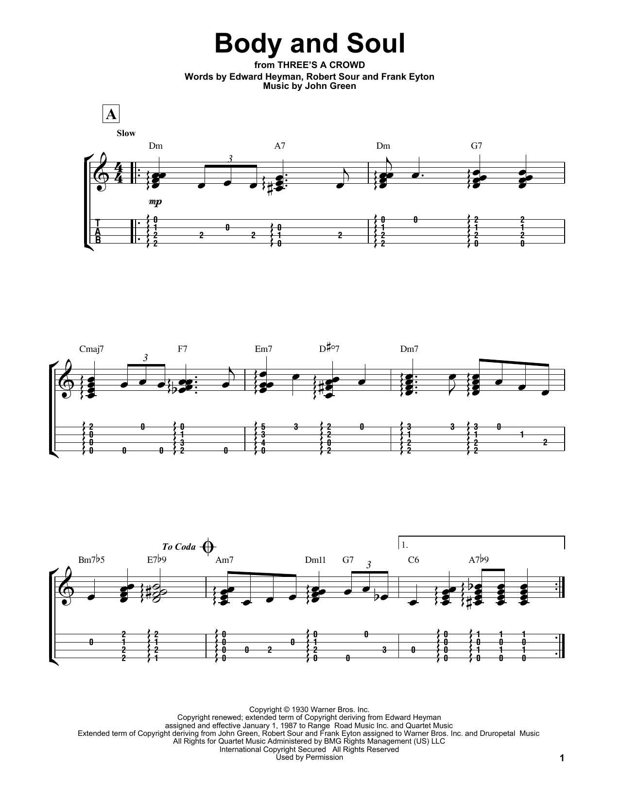 Edward Heyman Body And Soul Sheet Music Notes & Chords for Easy Ukulele Tab - Download or Print PDF