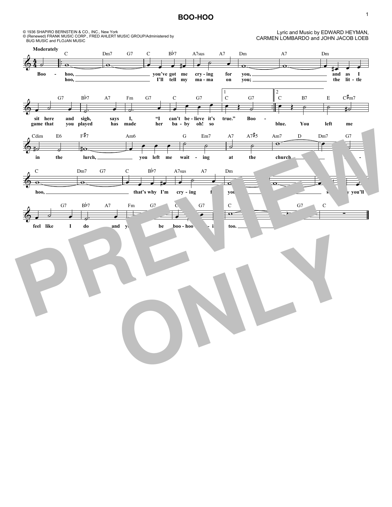 Edward Heyman Boo-Hoo Sheet Music Notes & Chords for Melody Line, Lyrics & Chords - Download or Print PDF