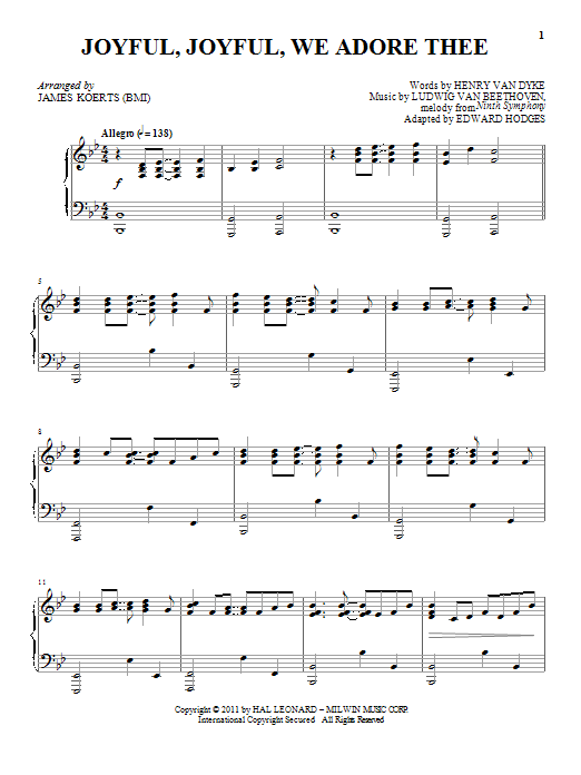 Edward Hodges Joyful, Joyful, We Adore Thee Sheet Music Notes & Chords for Piano - Download or Print PDF
