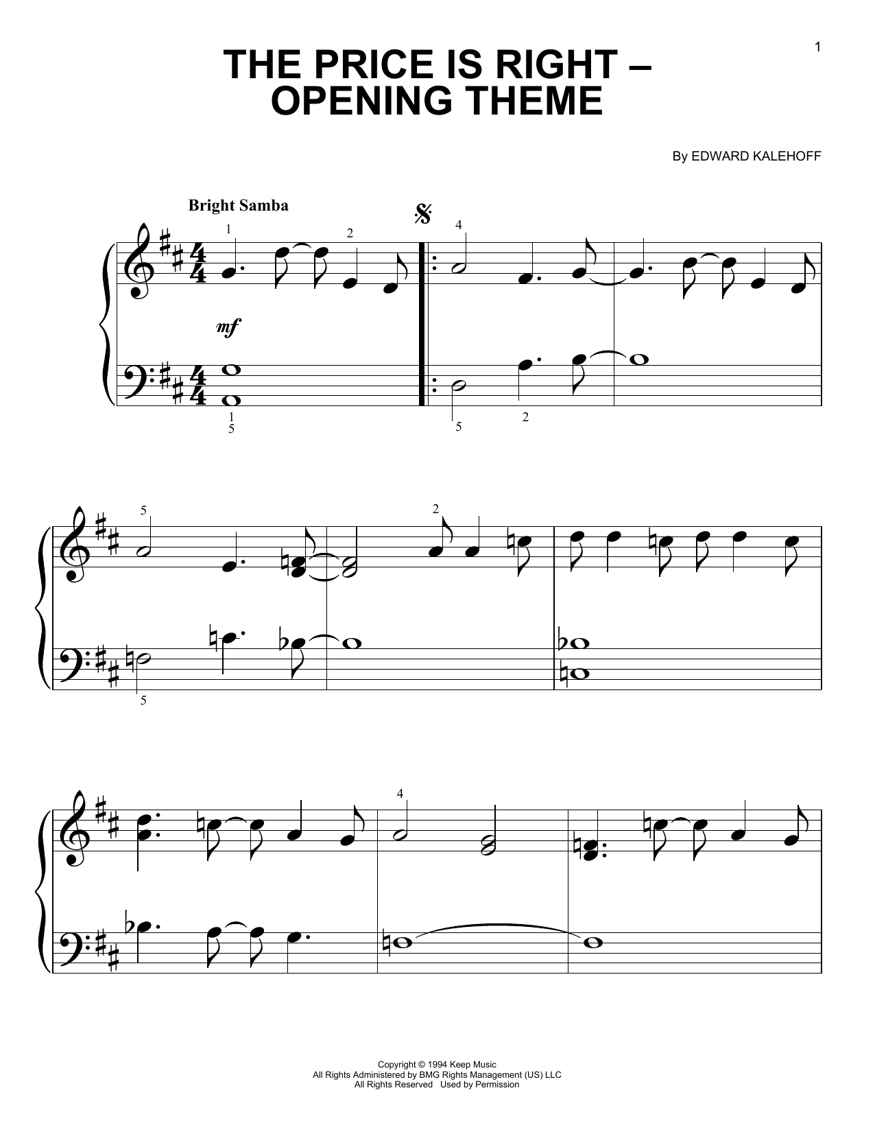 Edward Kalehoff Price Is Right - Opening Theme Sheet Music Notes & Chords for Very Easy Piano - Download or Print PDF