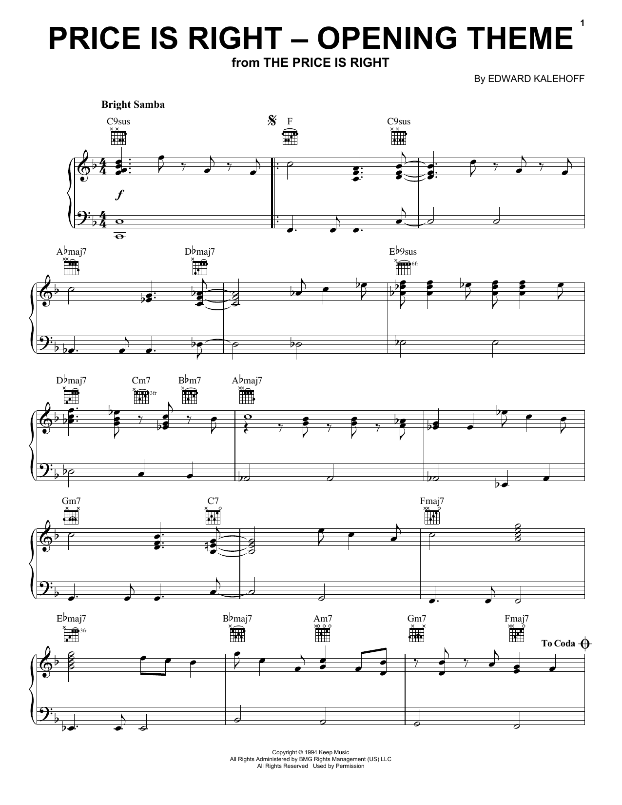 Edward Kalehoff Price Is Right (Opening Theme) Sheet Music Notes & Chords for Piano Solo - Download or Print PDF