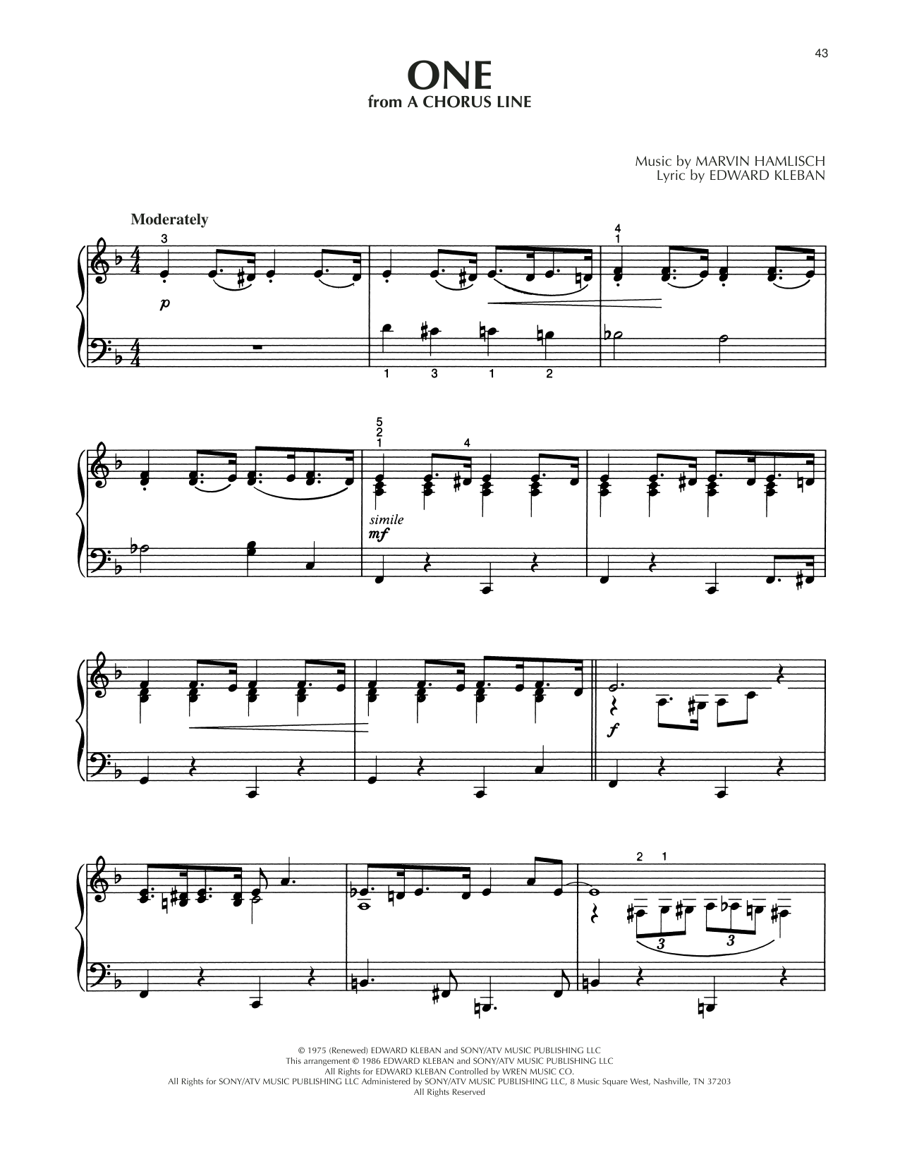 Edward Kleban One (from A Chorus Line) Sheet Music Notes & Chords for Piano Solo - Download or Print PDF