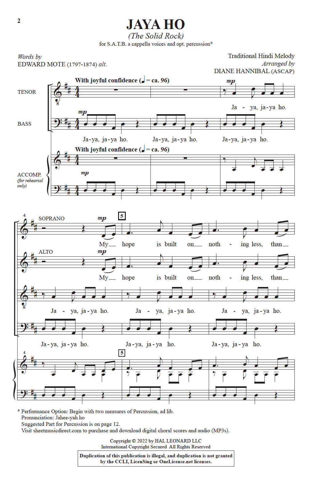 Edward Mote Jaya Ho (The Solid Rock) (arr. Diane Hannibal) Sheet Music Notes & Chords for SATB Choir - Download or Print PDF