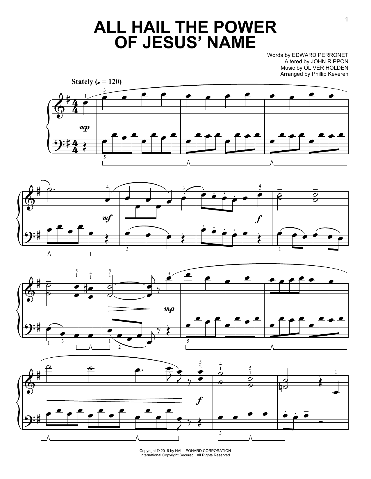 Edward Perronet All Hail The Power Of Jesus' Name [Classical version] (arr. Phillip Keveren) Sheet Music Notes & Chords for Easy Piano - Download or Print PDF