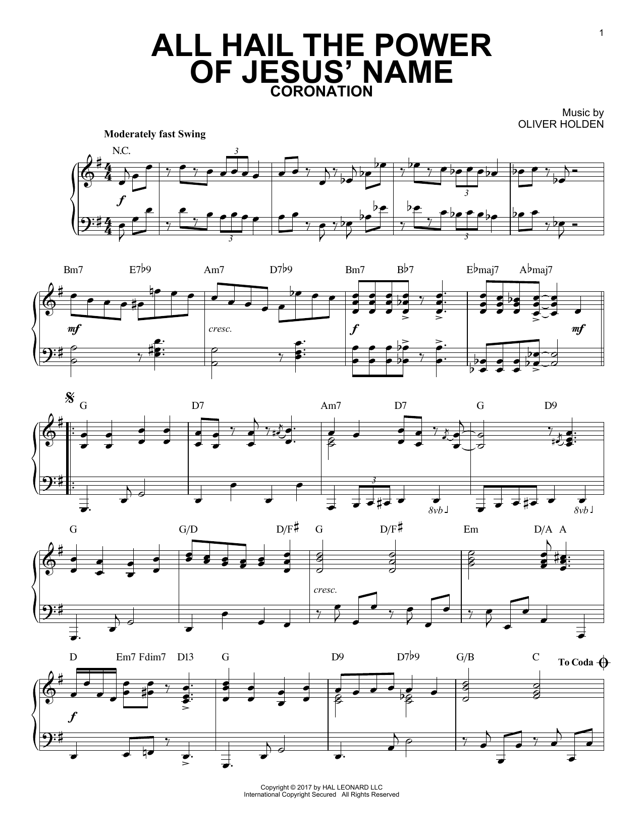 Edward Perronet All Hail The Power Of Jesus' Name [Jazz version] Sheet Music Notes & Chords for Piano - Download or Print PDF