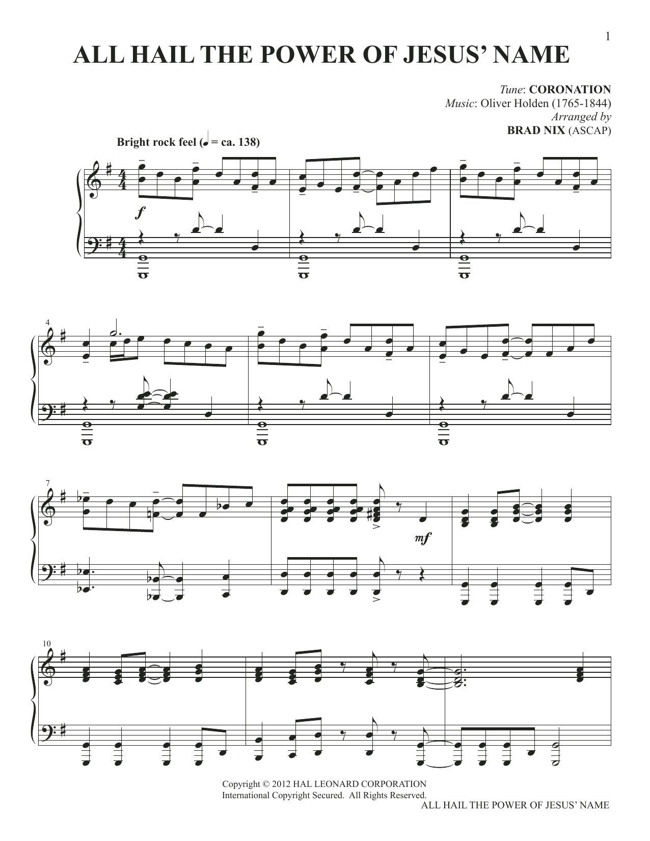 Edward Perronet and Oliver Holden All Hail The Power Of Jesus' Name (arr. Brad Nix) Sheet Music Notes & Chords for Piano Solo - Download or Print PDF