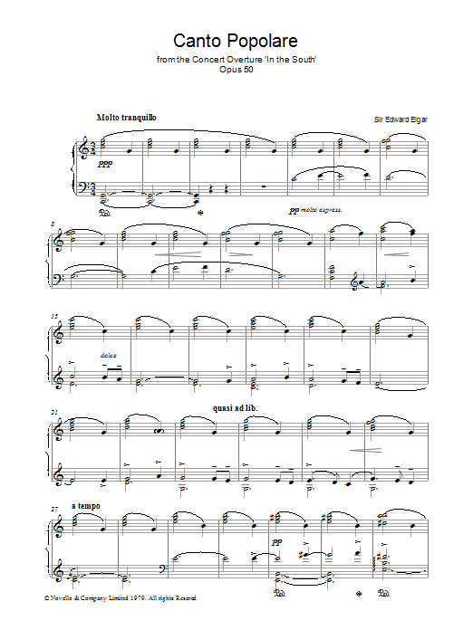 Preview Edward Elgar Canto Popolare (from In The South, Op.50) Classical sheet music, notes and chords for Piano, SKU: 37861 Canto Popolare (from In The South, Op.50) sheet music