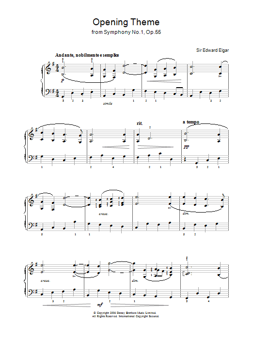 Preview Edward Elgar Opening Theme from Symphony No.1, Op.55 Classical sheet music, notes and chords for Easy Piano, SKU: 37862 Opening Theme from Symphony No.1, Op.55 sheet music