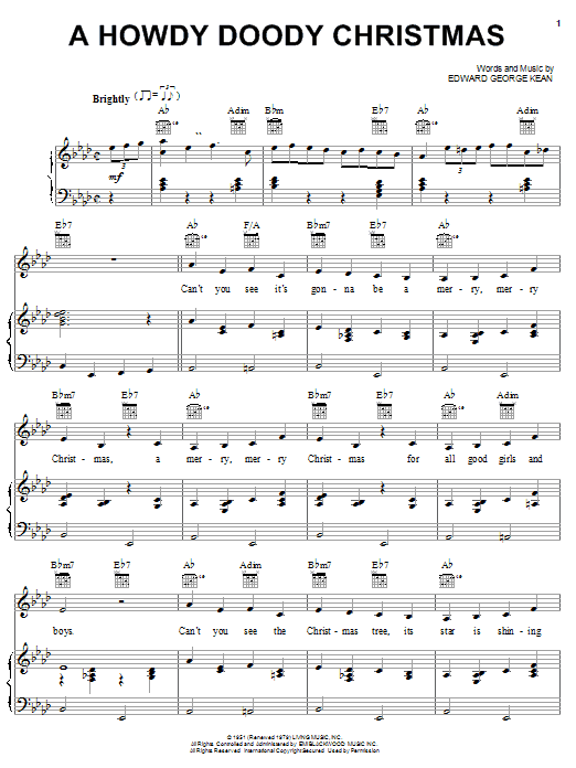 Preview Edward George Kean A Howdy Doody Christmas Film and TV sheet music, notes and chords for Piano, Vocal & Guitar (Right-Hand Melody), SKU: 24302 sheet music, piano notes, chords, guitar tabs, score, transpose, transcribe, how to play, guide, download, learn, tutorial, progression, song, artist, awards, billboard, mtv, vh1, tour, single, album, release