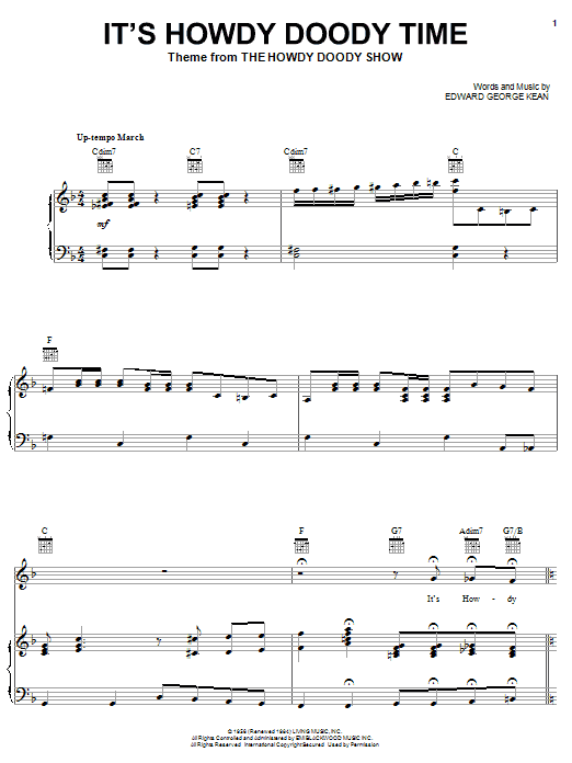 Preview Edward George Kean It's Howdy Doody Time Film and TV sheet music, notes and chords for Piano, Vocal & Guitar (Right-Hand Melody), SKU: 18177 sheet music, piano notes, chords, guitar tabs, score, transpose, transcribe, how to play, guide, download, learn, tutorial, progression, song, artist, awards, billboard, mtv, vh1, tour, single, album, release