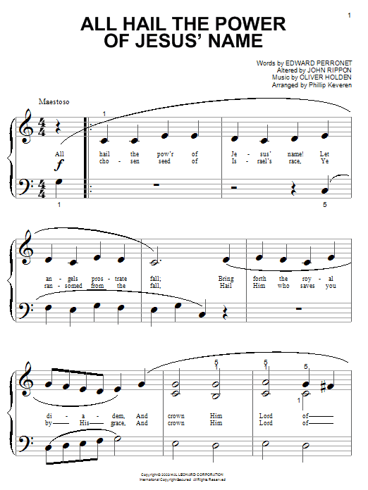 Preview Edward Perronet All Hail The Power Of Jesus' Name Hymn sheet music, notes and chords for Piano (Big Notes), SKU: 25694 All Hail The Power Of Jesus' Name sheet music