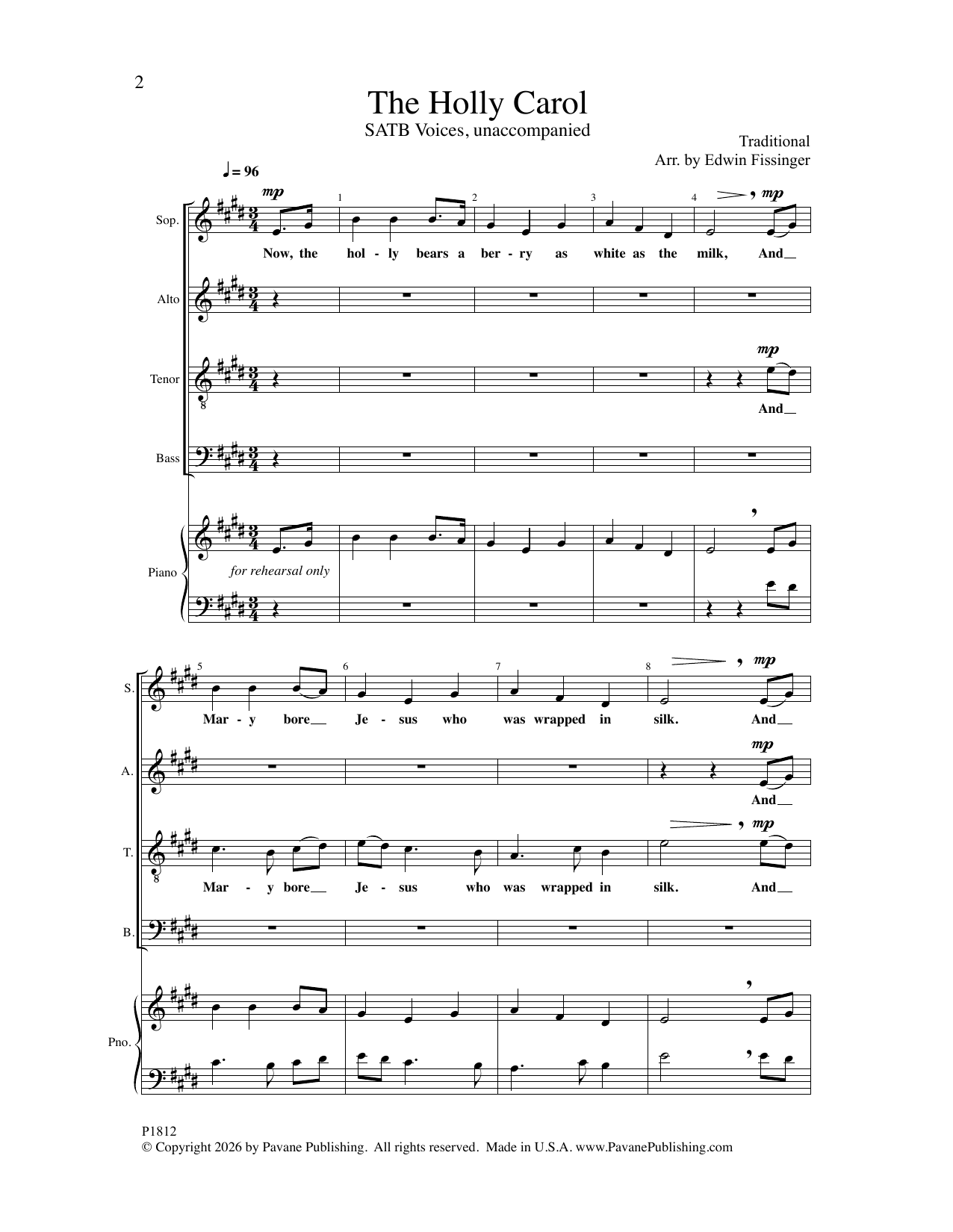 Edwin Fissinger The Holly Carol Sheet Music Notes & Chords for SATB Choir - Download or Print PDF