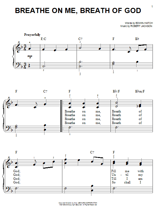 Edwin Hatch Breathe On Me, Breath Of God Sheet Music Notes & Chords for Piano, Vocal & Guitar Chords (Right-Hand Melody) - Download or Print PDF